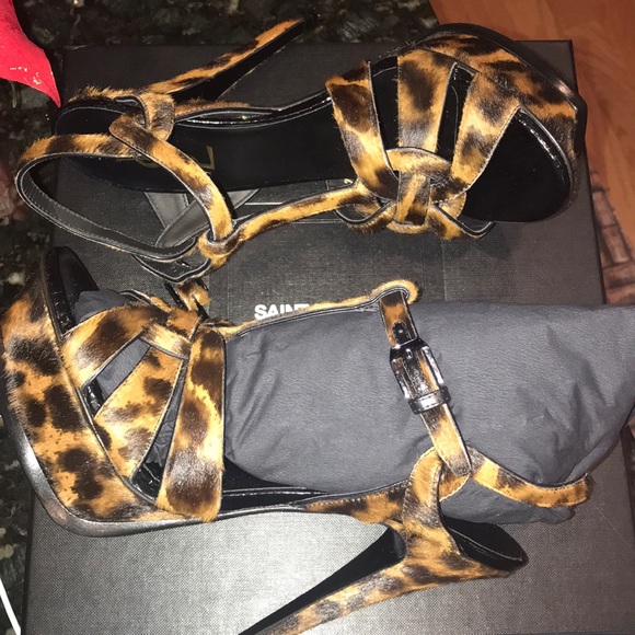 NIB Saint Laurent Tribute Leopard Calf Hair Sandal - Picture 5 of 6